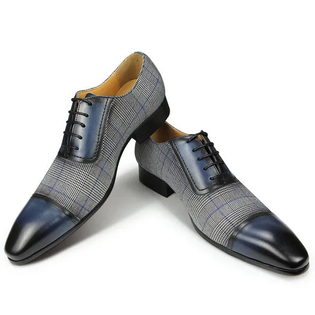 Azzuro - Blue Woven Luxury Men's Business Cap Toe Oxford Dress Shoes