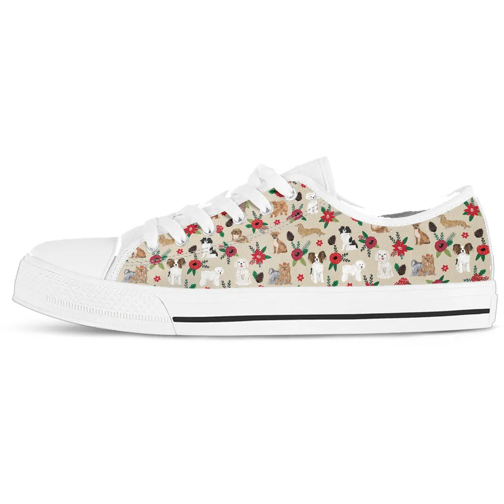 Dogs On Floral White Women's Low Top Sneakers