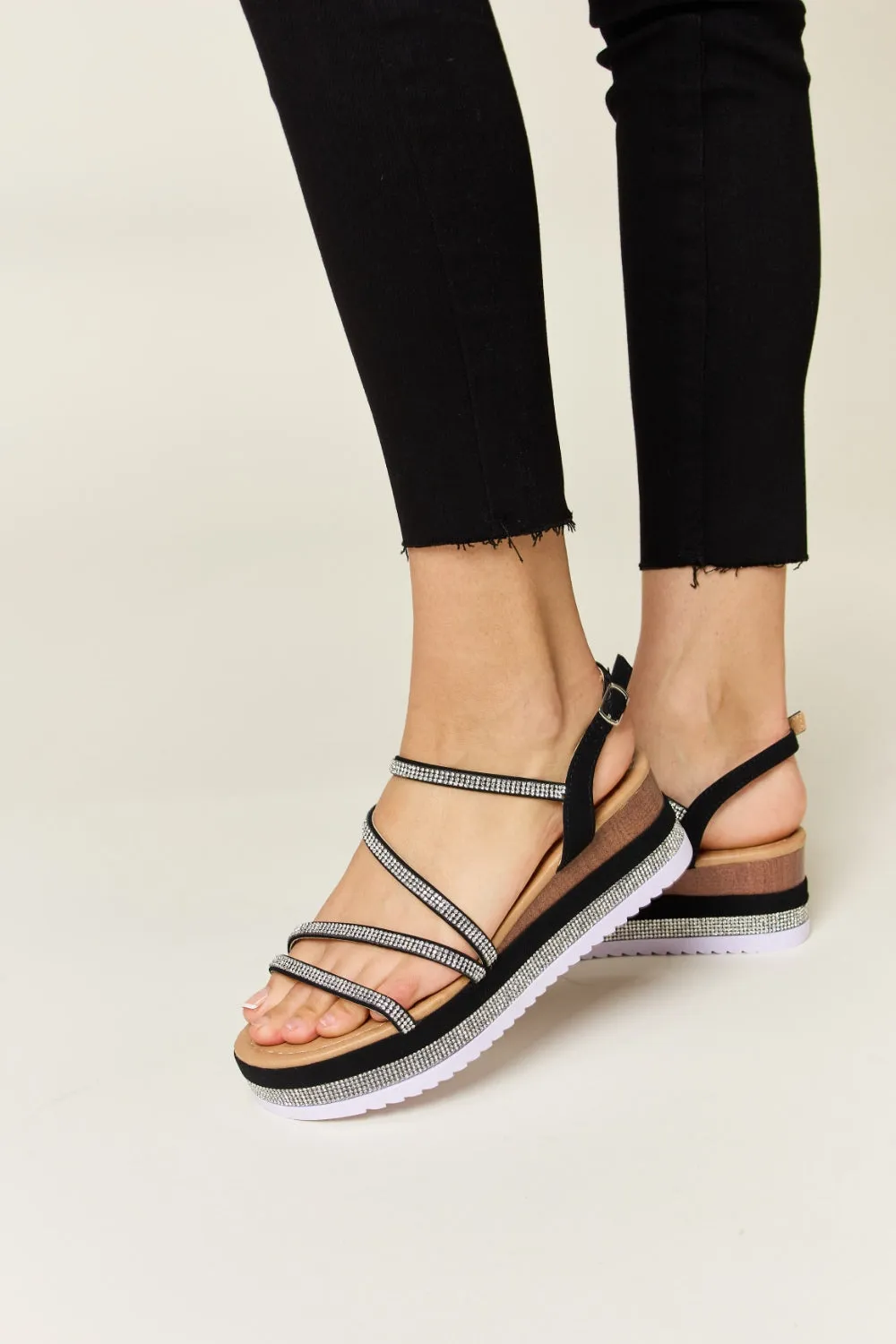 Forever Link Rhinestone Strappy Wedge Platform Black Ankle Strap Sandals