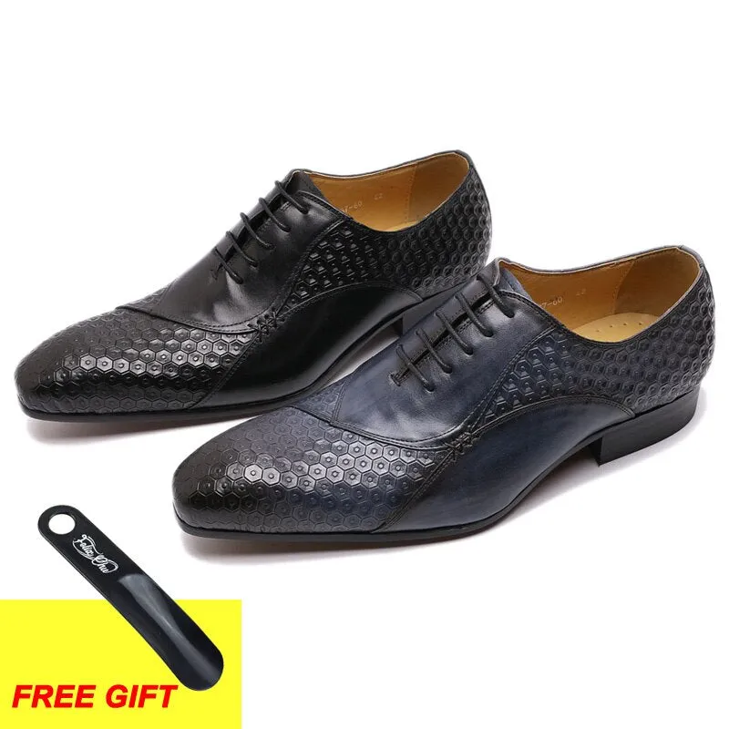 Italian Shoes Handmade Autumn Mens Dress Shoes Lace Up Genuine Leather Wedding Formal Oxfords Business Office Black Blue Shoes