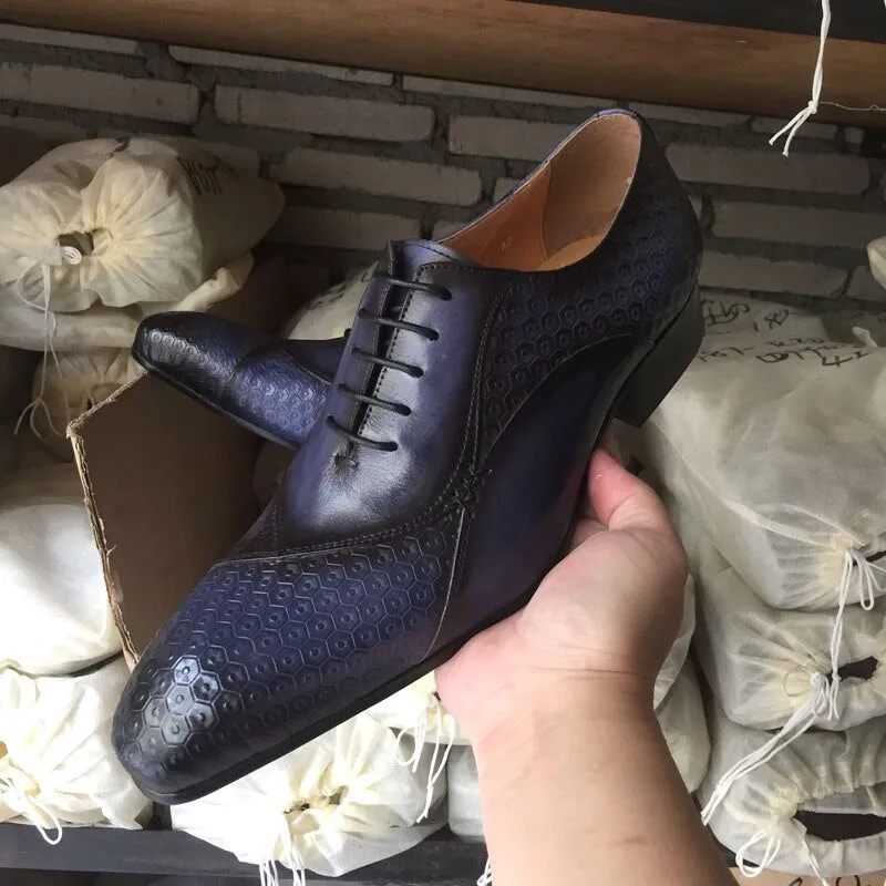 Italian Shoes Handmade Autumn Mens Dress Shoes Lace Up Genuine Leather Wedding Formal Oxfords Business Office Black Blue Shoes