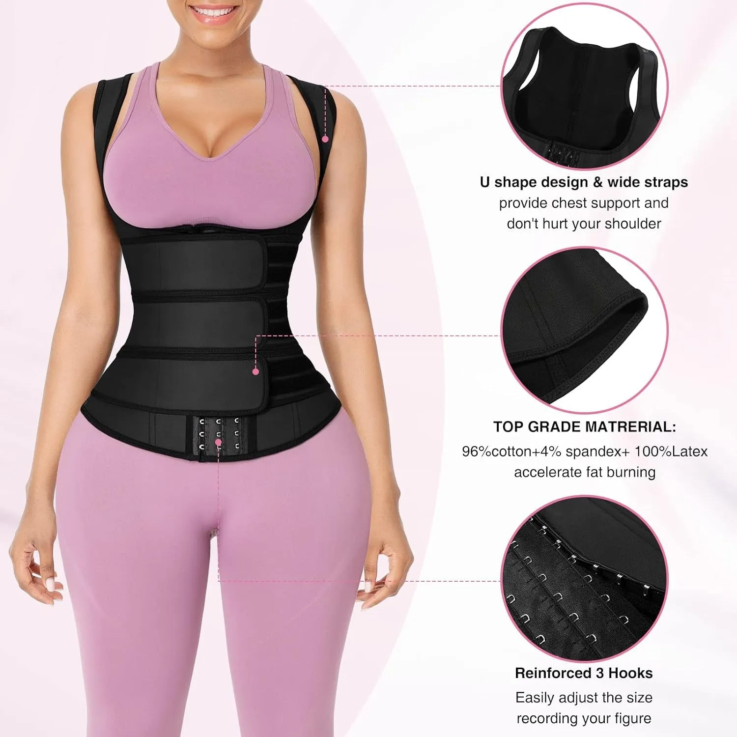 Waist Trainer Vest for Women 3 Belts Waist Cincher 9 Steel Bones Workout Girdle 3 Hooks