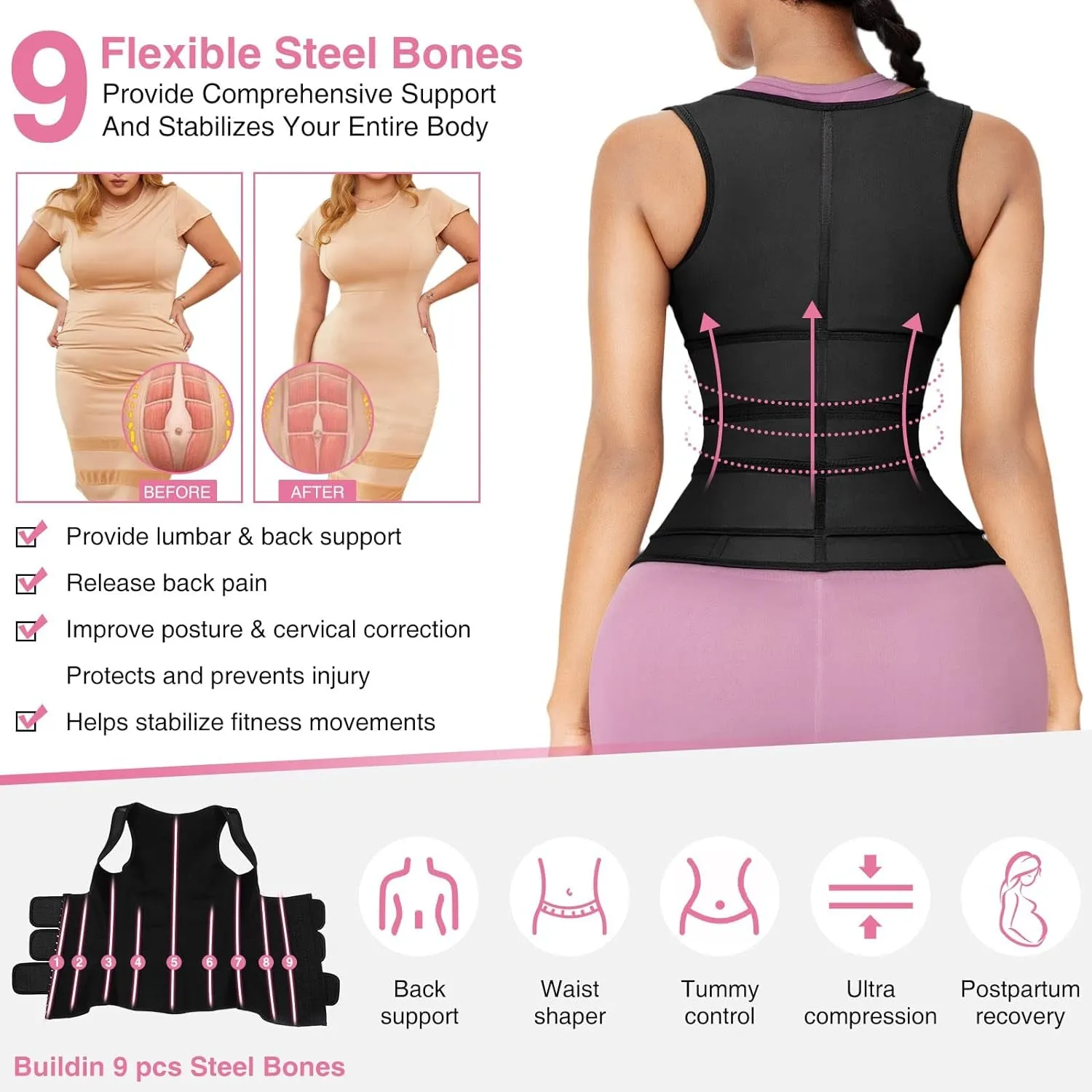 Waist Trainer Vest for Women 3 Belts Waist Cincher 9 Steel Bones Workout Girdle 3 Hooks