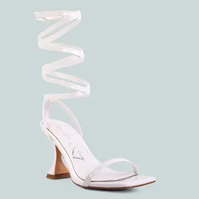 White Strappy Tie Up Spool Heel Sandals