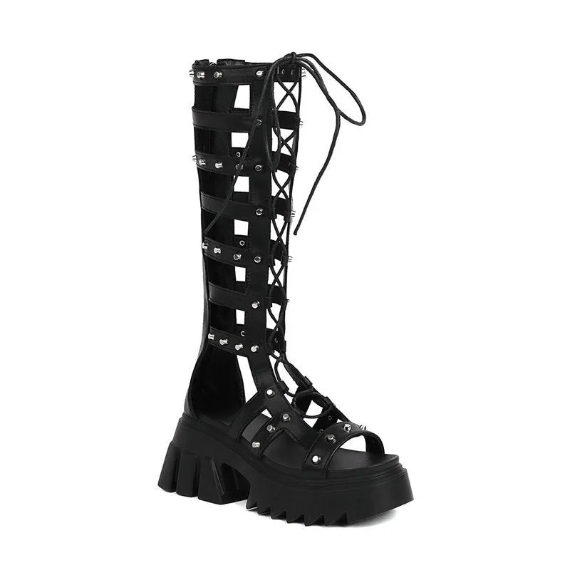Women's rivets black punk knee high gladiator sandals