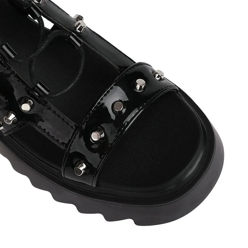 Women's rivets black punk knee high gladiator sandals