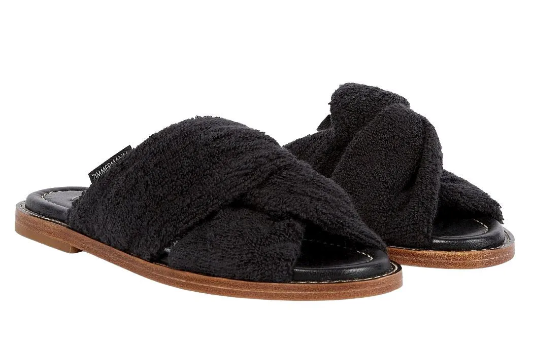 Zimmermann Knotted Terry Slide | Black | Towelling, Beach Sandal, Leather Sole